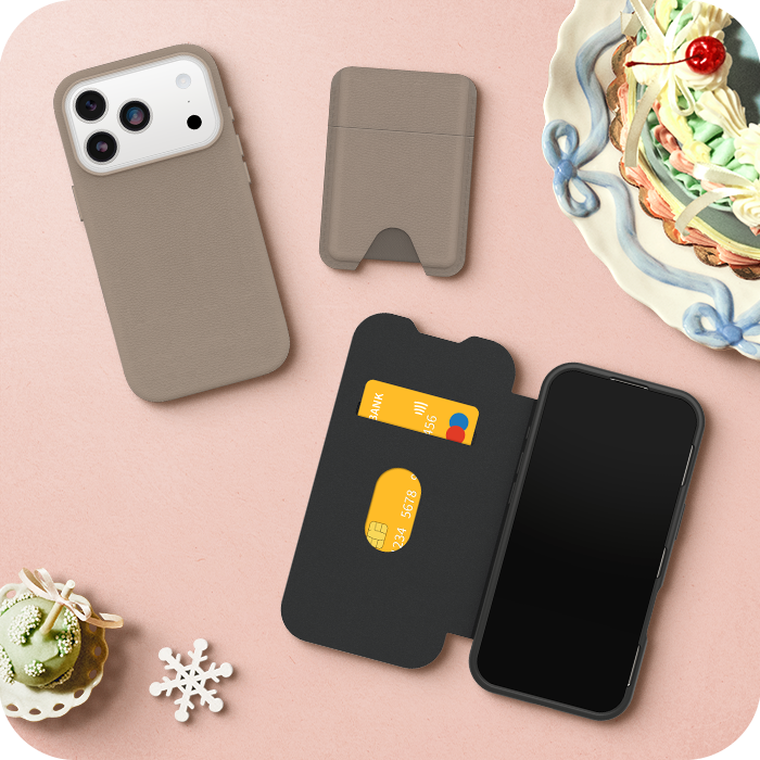Phone cases on a pink surface with decorative items